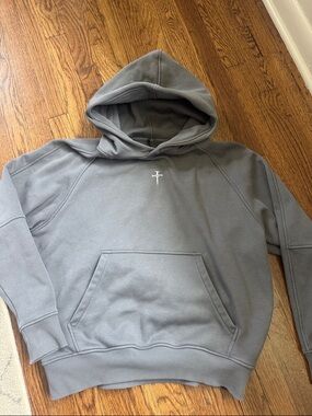 Men's Gray Hooded Pullover with Minimal Cross Detail